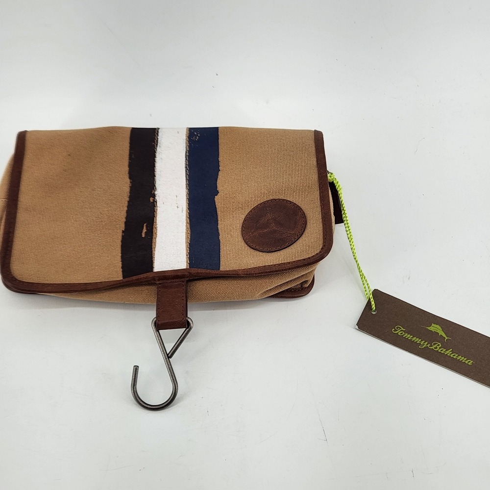 Tommy Bahama Hanging Travel Toiletry Bag Tan Brown Striped Dopp Kit NWT
